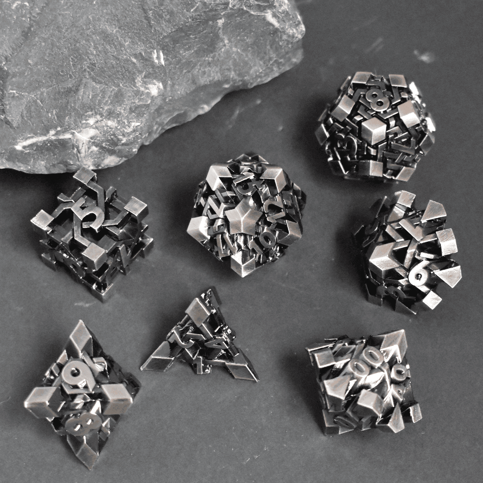 Ancient Nickel Maze Plated Dice Set - RULE DICE