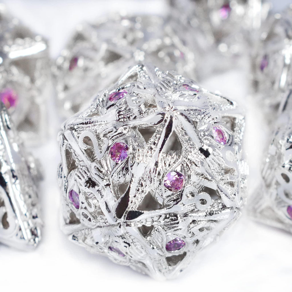  RULE DICE -  Metal & Gemstone Dice Silver and Pink Gemstone Dice