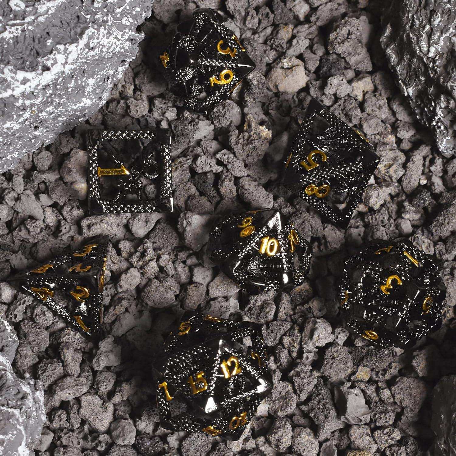 Black Golden Hollow Dragon Dice Set - RULE DICE
