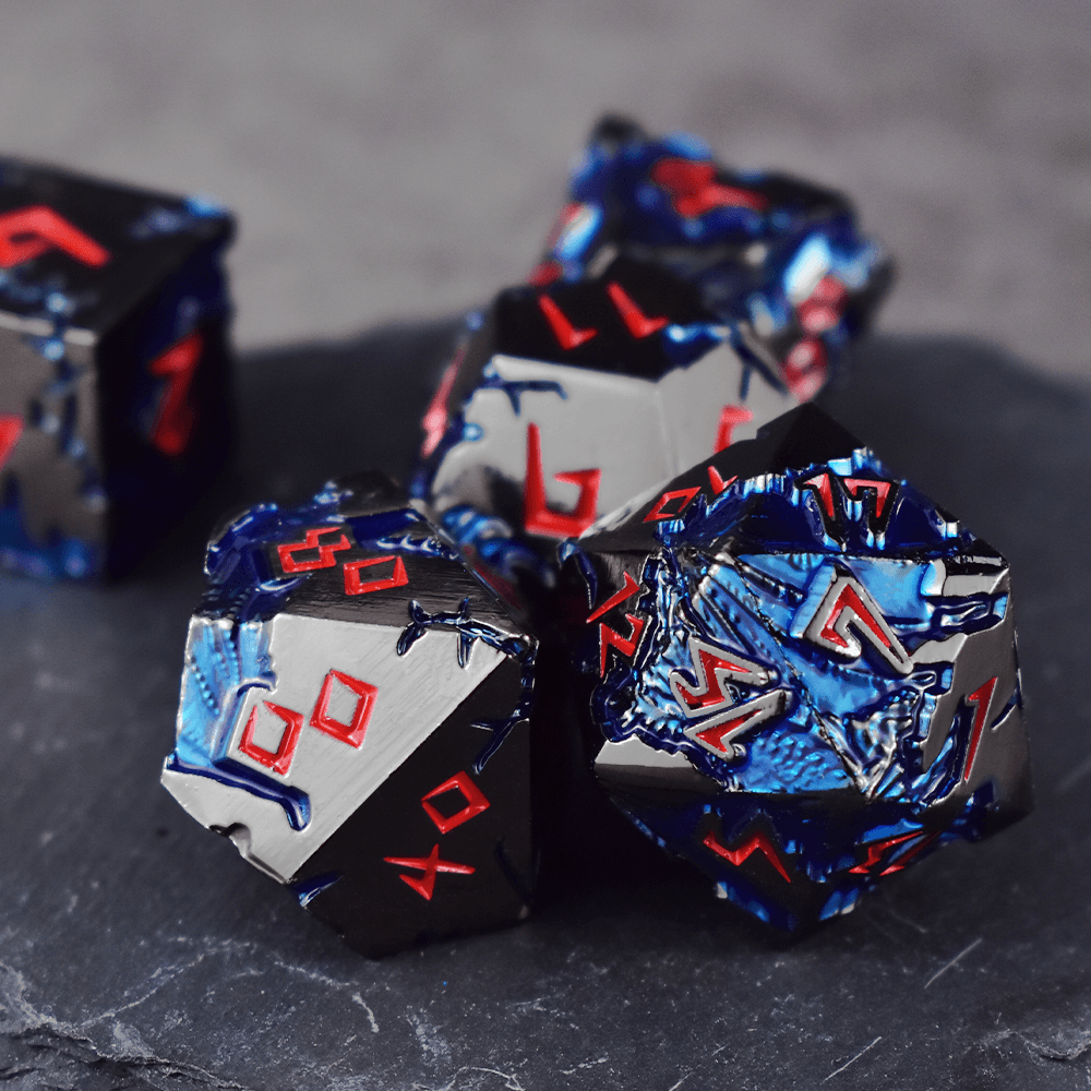 Black Silver & Red Blue Dragon Dice Set - RULE DICE