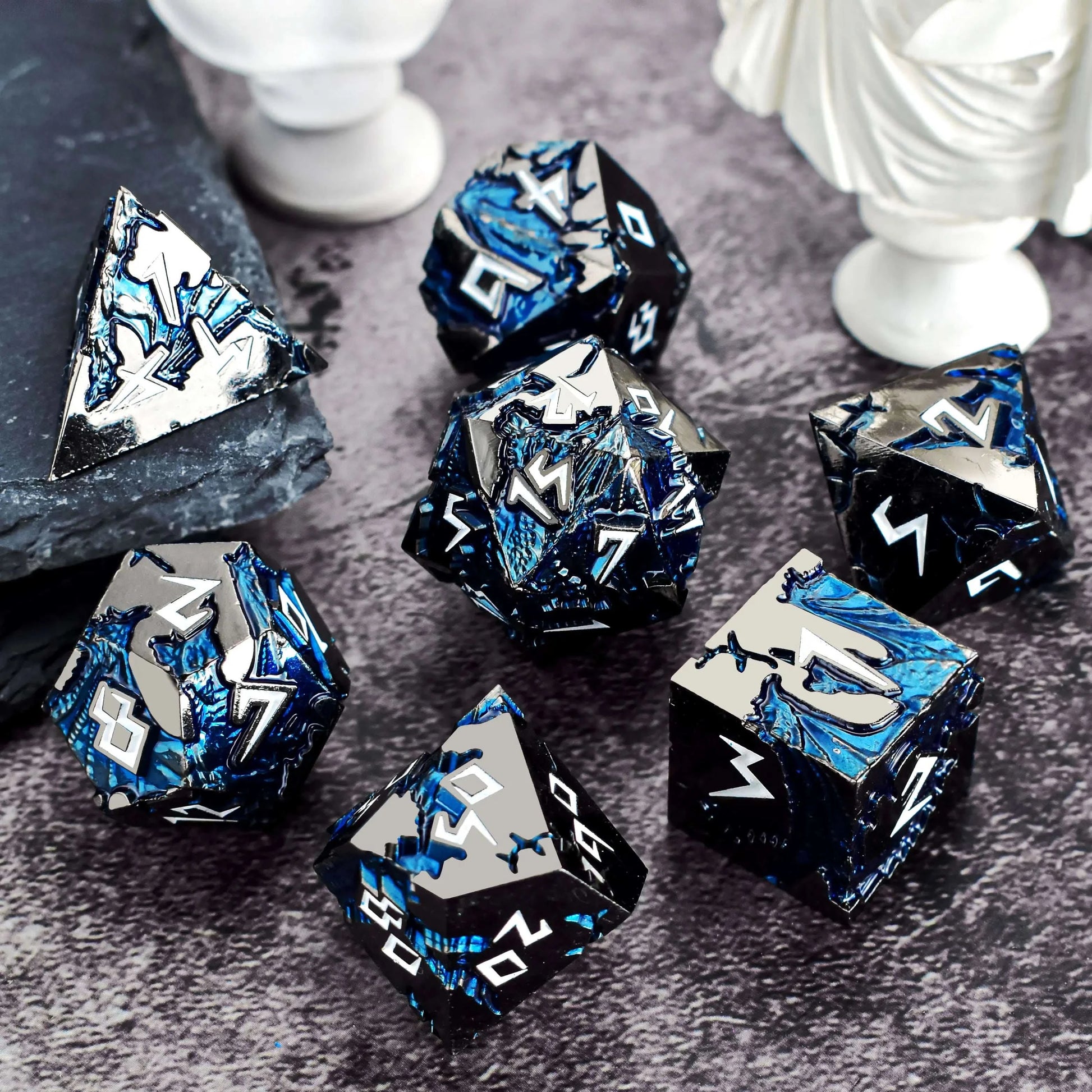 Black Silver & White Blue Dragon Dice Set - RULE DICE