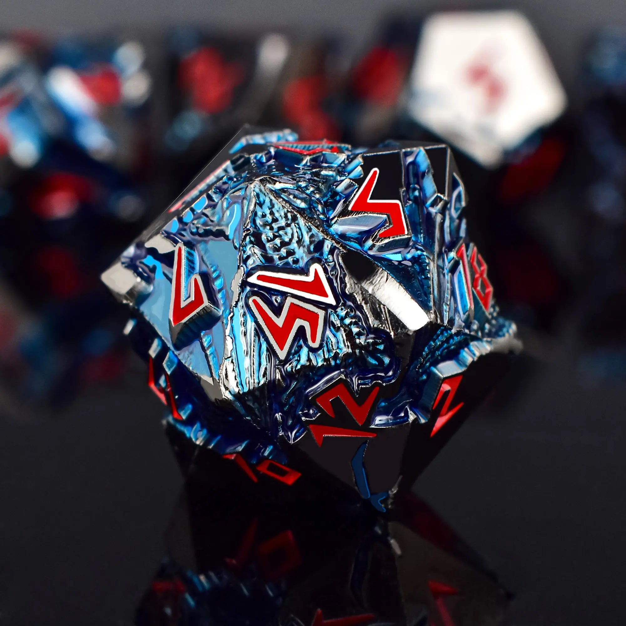  RULE DICE -  Heavy Metal Dice Black Silver & Red Blue Dragon Dice