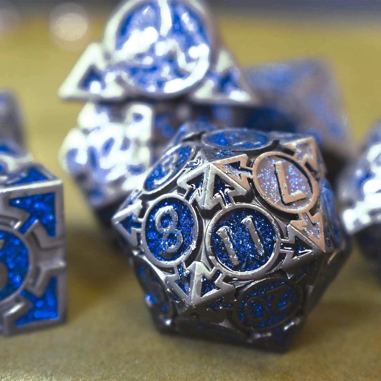 Dark Blue Glitter Weighted Metal Dice Set - RULE DICE