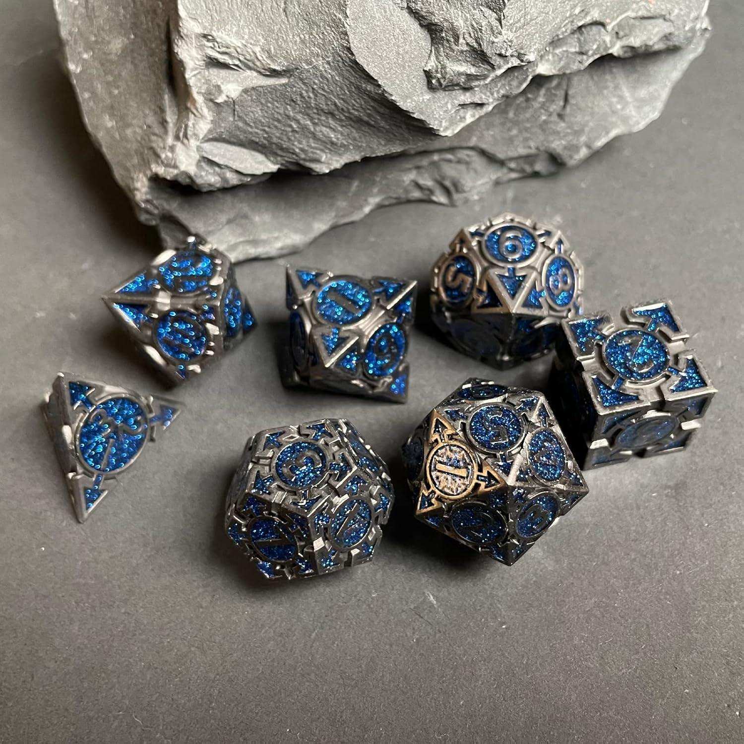 Dark Blue Glitter Weighted Metal Dice Set - RULE DICE