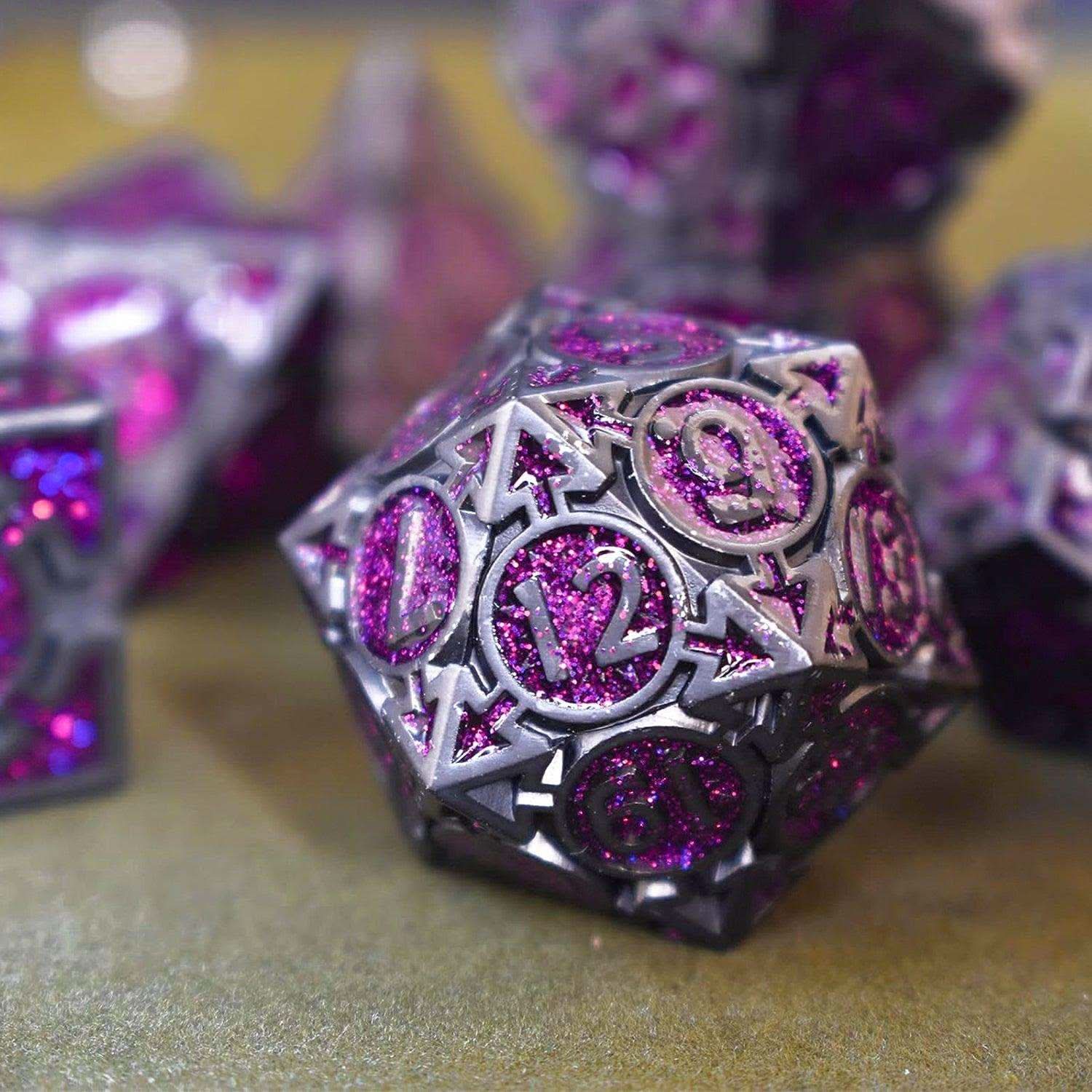 Mulberry Purple Glitter Weighted Metal Dice Set - RULE DICE