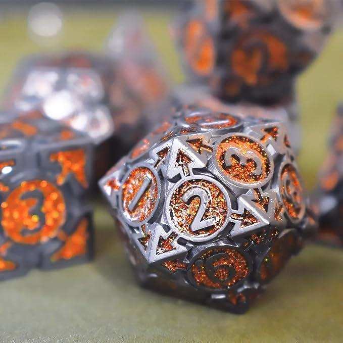 Orange Glitter Weighted Metal Dice Set - RULE DICE