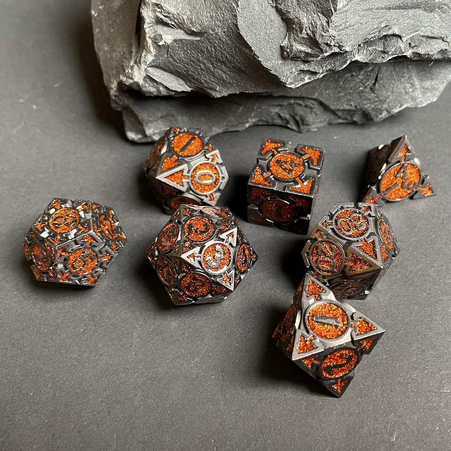 Orange Glitter Weighted Metal Dice Set - RULE DICE