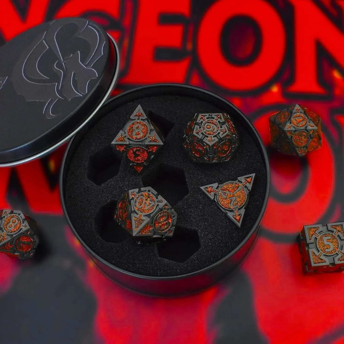 Orange Glitter Weighted Metal Dice Set - RULE DICE