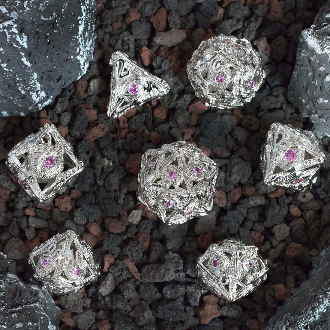 Silver and Pink Gemstone Dice Set - RULE DICE